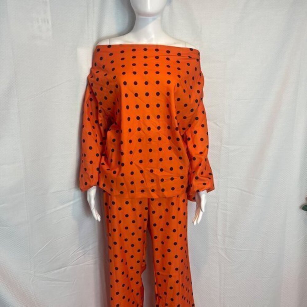 Two Piece Set Polka Dot Print Lantern Sleeve Top & Wide leg Pants Size M‎ - Picture 11 of 16